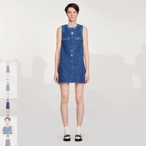 NWT Sandro Denim Glittering Tweed-effect Trapeze Dress Sleeveless Size 36 Small